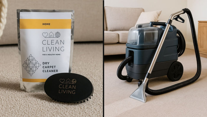 On the left, an image of Clean Living's dry carpet cleaner and brush on a carpet in front of a sofa, on the right, a wet carpet cleaner machine in a living room in front of a sofa