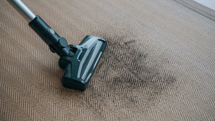 Vacuuming dry black dirt on a light brown carpet