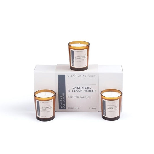 3 x 6cl Amber Glass Candles with Cashmere & Black Amber Fragrance